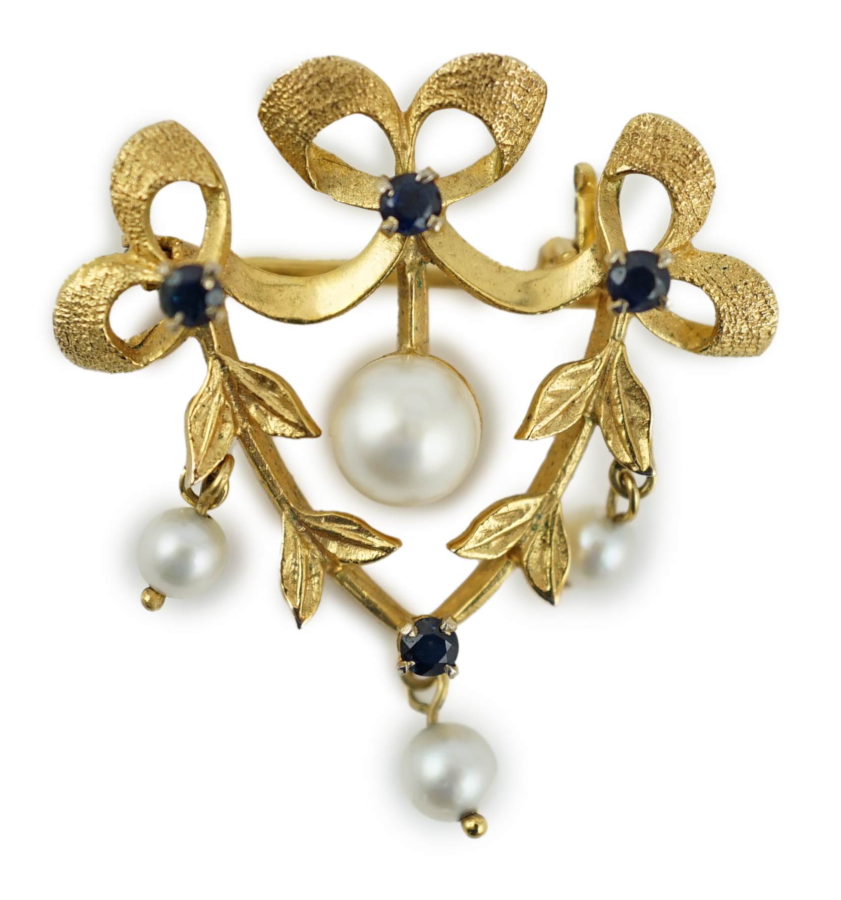 A modern 9ct gold, sapphire and cultured pearl set drop brooch